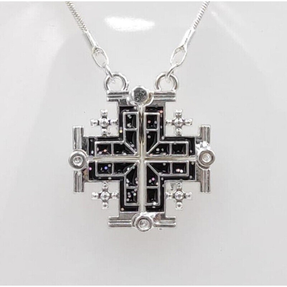 925 Silver Jerusalem Cross Necklace Open Pendant Holy Chain Christian Jewelry